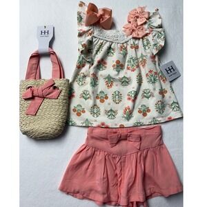 Haute Hippie Kids 2T Floral 3pc Set Top Shorts Bag Coral Lace NEW with 3‎ bows